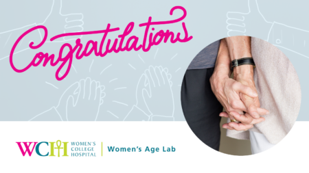 Image of two people holding hands. One hand is more aged. The words Congratulations next to the image. Logo for Women’s Age Lab at the bottom