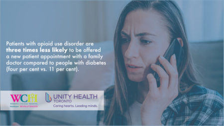 A women concern on the phone with the caption "patients with opiod use disorder and three times less likely to be offered a new patient appointment with a family doctor compared to people with diabetes"