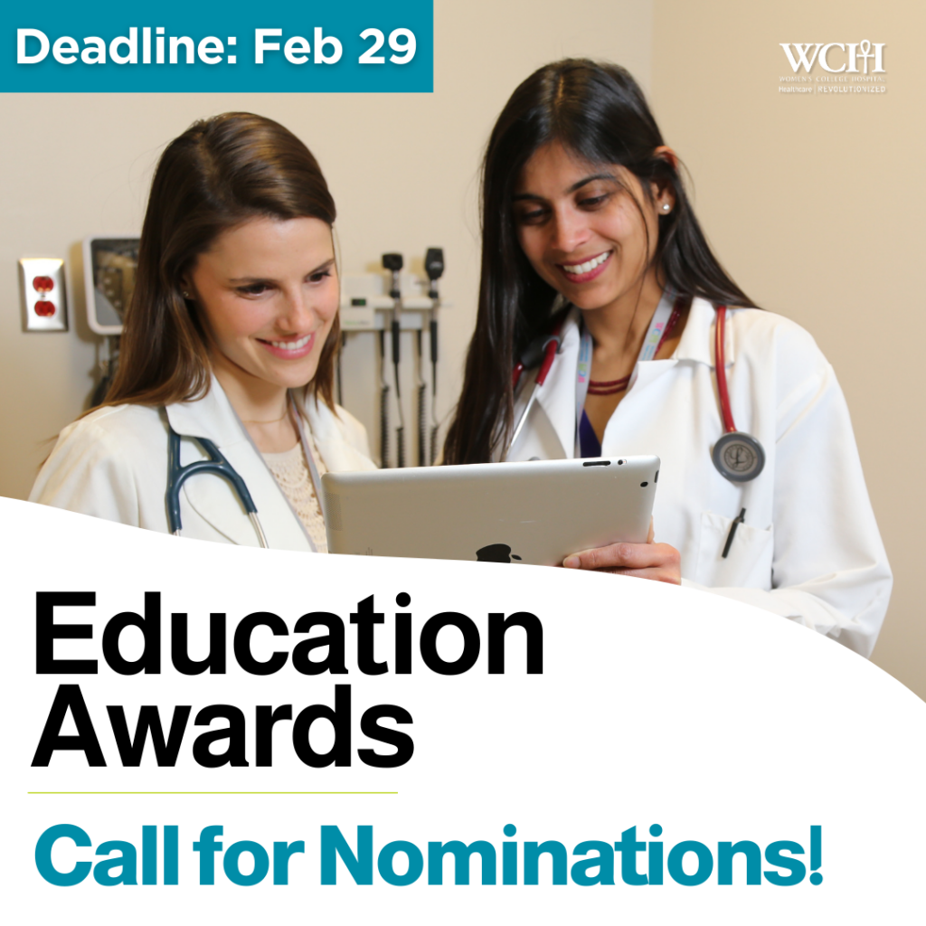 Education Awards graphic - 2 medical professionals smiling and looking at an ipad. "Education Awards. Call for Nominations" text on bottom 